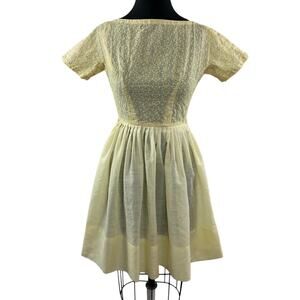 Vintage L'AIGLON Yellow Tea Dress Floral Eyelet Boat Neck Fit Flare VTG
